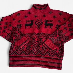 vintage knit sweater, folk sweater, winter sweater, red knit, boho